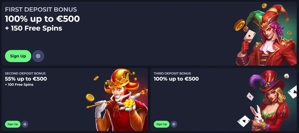 Jokabet Casino deposit bonus page with first, second and third deposit offers