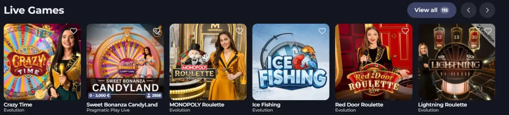 Jokabet Casino live games lobby with Crazy Time, roulette and game show titles
