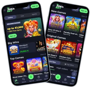 Jokabet Casino mobile screens showing casino lobby, bonus banner, top games and new games
