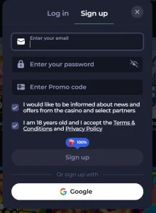 Jokabet Casino sign up form with email, password, promo code and Google registration